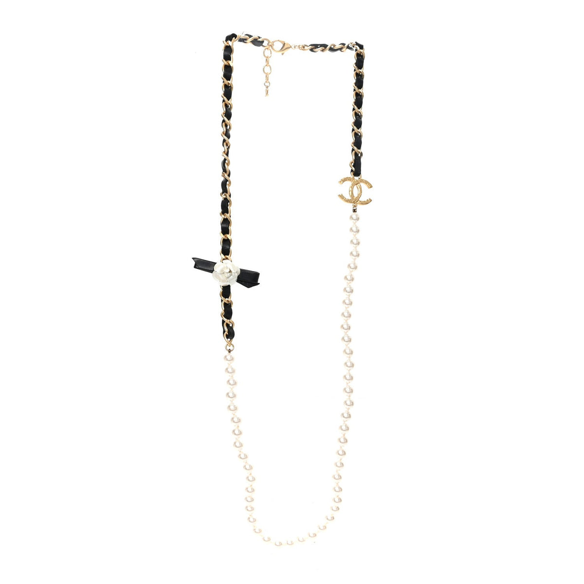 Calfskin Pearl Chain 90's Camellia Long Necklace Black Gold