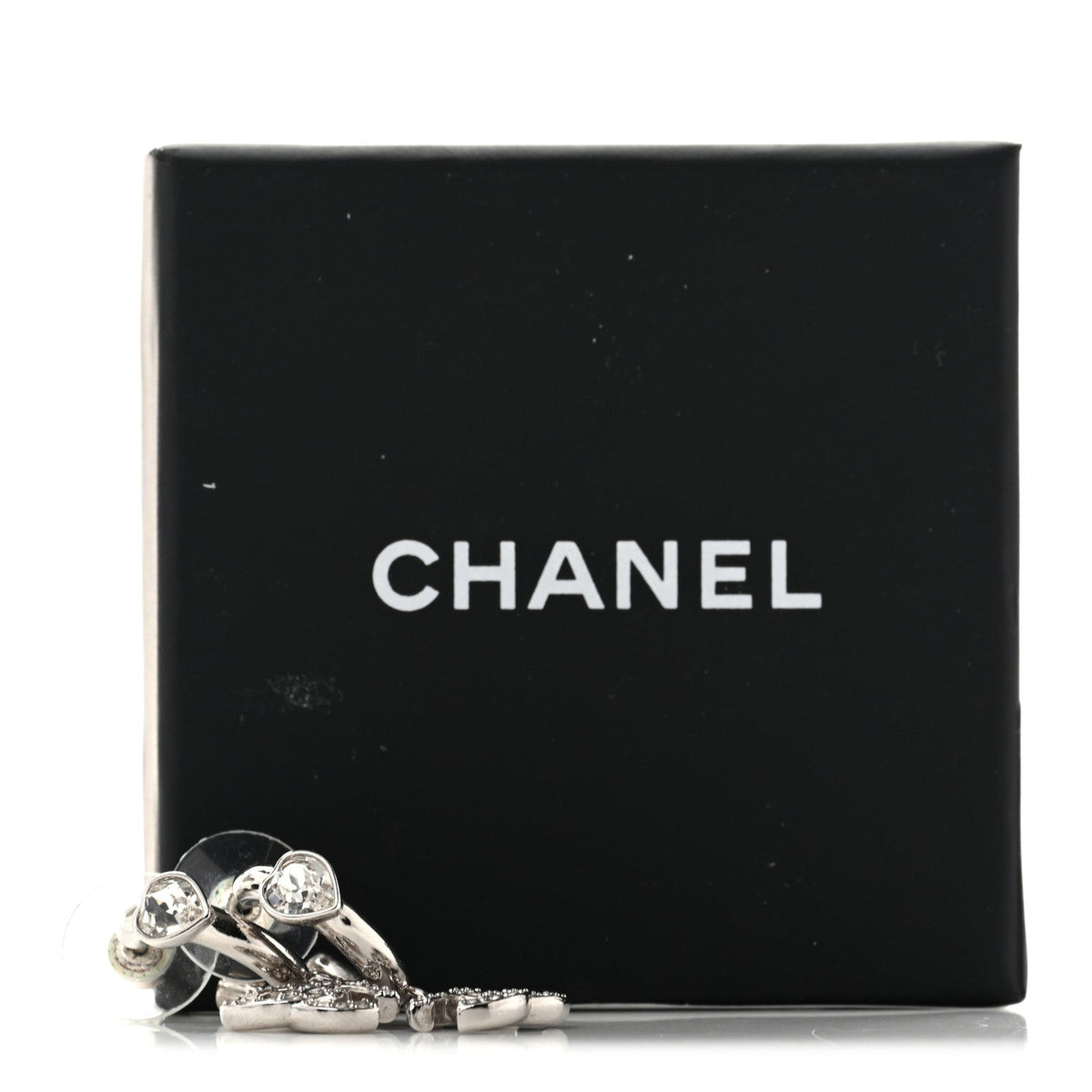Crystal CC Heart Drop Hoop Earrings Silver