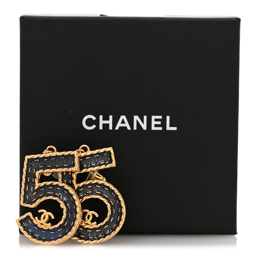 Metal Enamel CC No 5 Rope Drop Earrings Gold Denim Blue