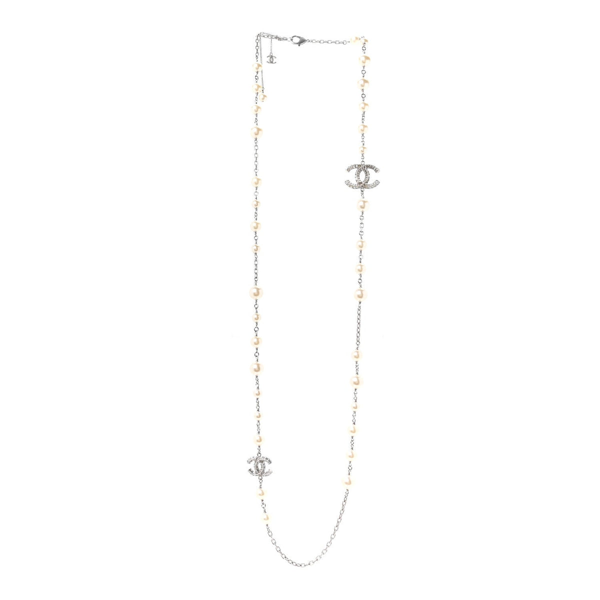 Graduated Pearl Crystal CC Long Necklace Silver