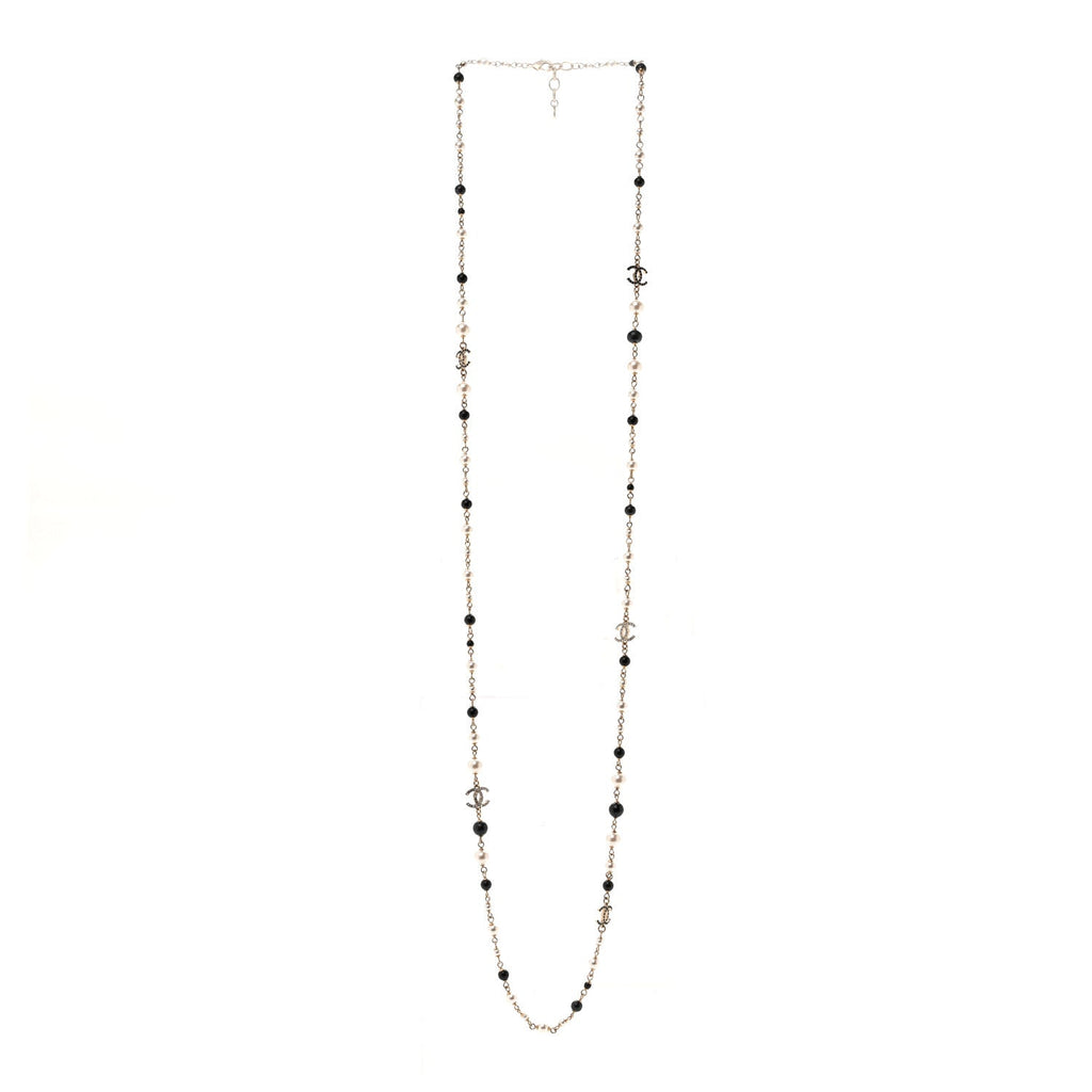 Pearl Bead Crystal CC Long Necklace Black Gold