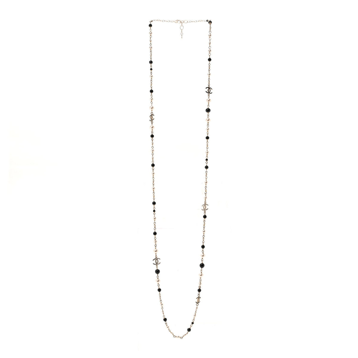 Pearl Bead Crystal CC Long Necklace Black Gold