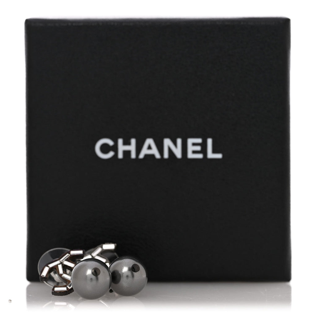 Ruthenium Pearl Crystal Baguette CC Drop Earrings Silver Grey