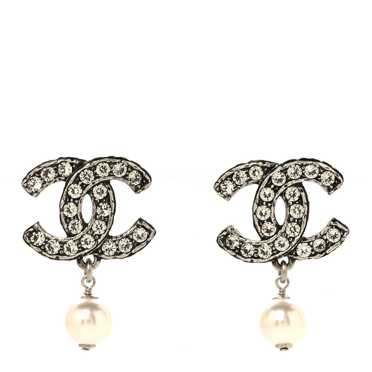 Pearl Crystal CC Drop Earrings Silver Pearly White