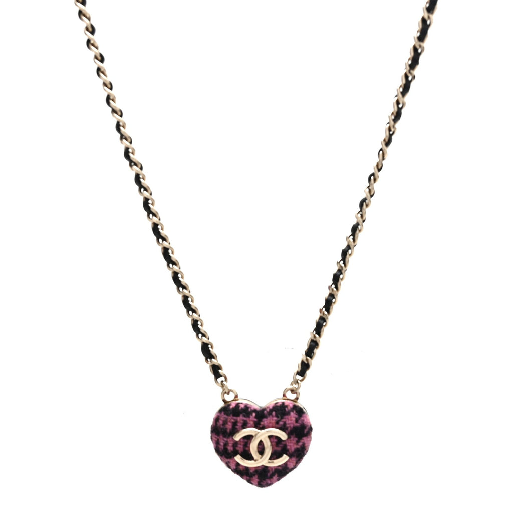 Tweed Lambskin CC Heart Locket Necklace  Gold Black Pink