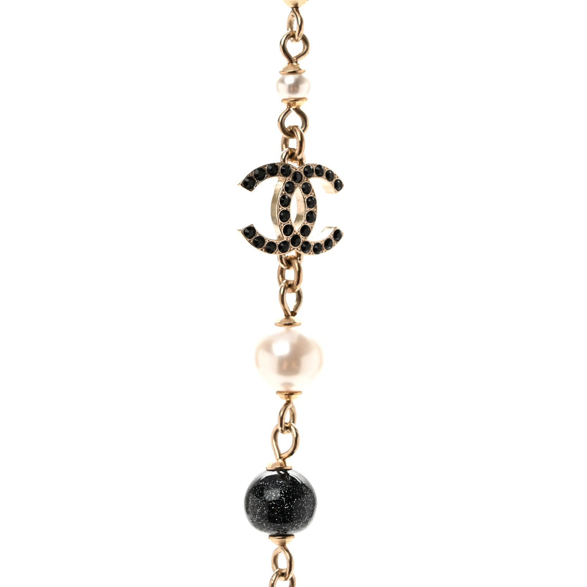 Pearl Bead Crystal CC Long Necklace Black Gold