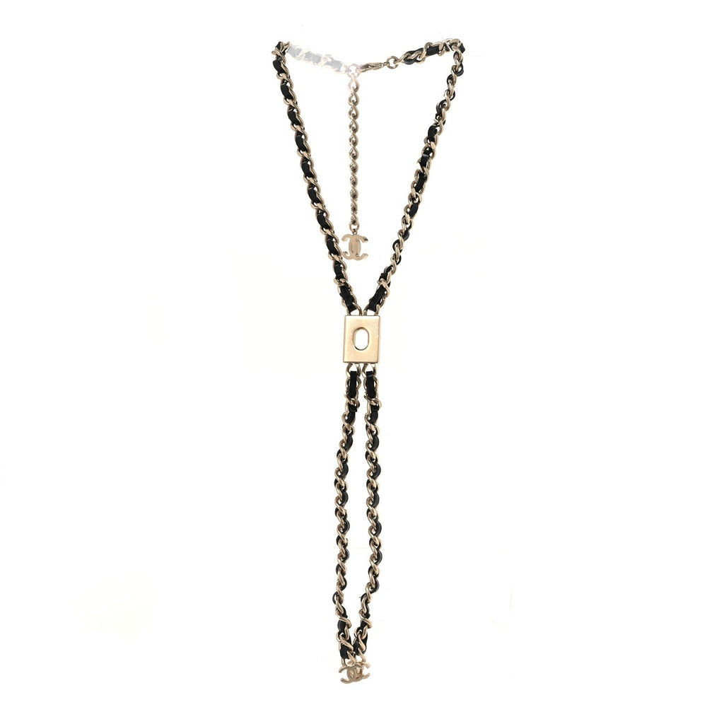 Metal Lambskin CC Lariat Necklace Black Gold