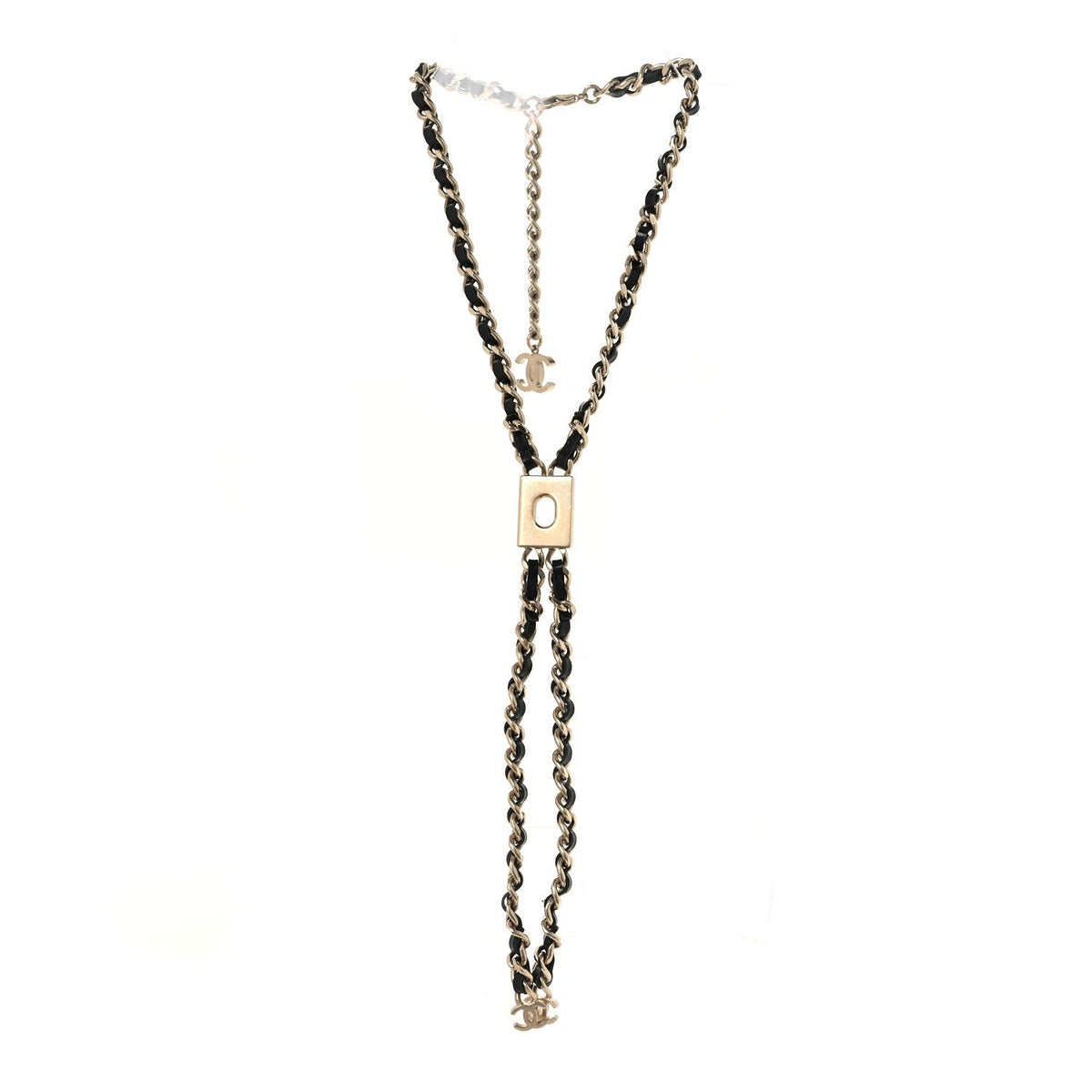 Metal Lambskin CC Lariat Necklace Black Gold
