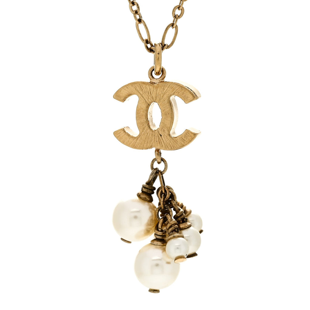 Pearl CC Logo Drop Necklace Gold