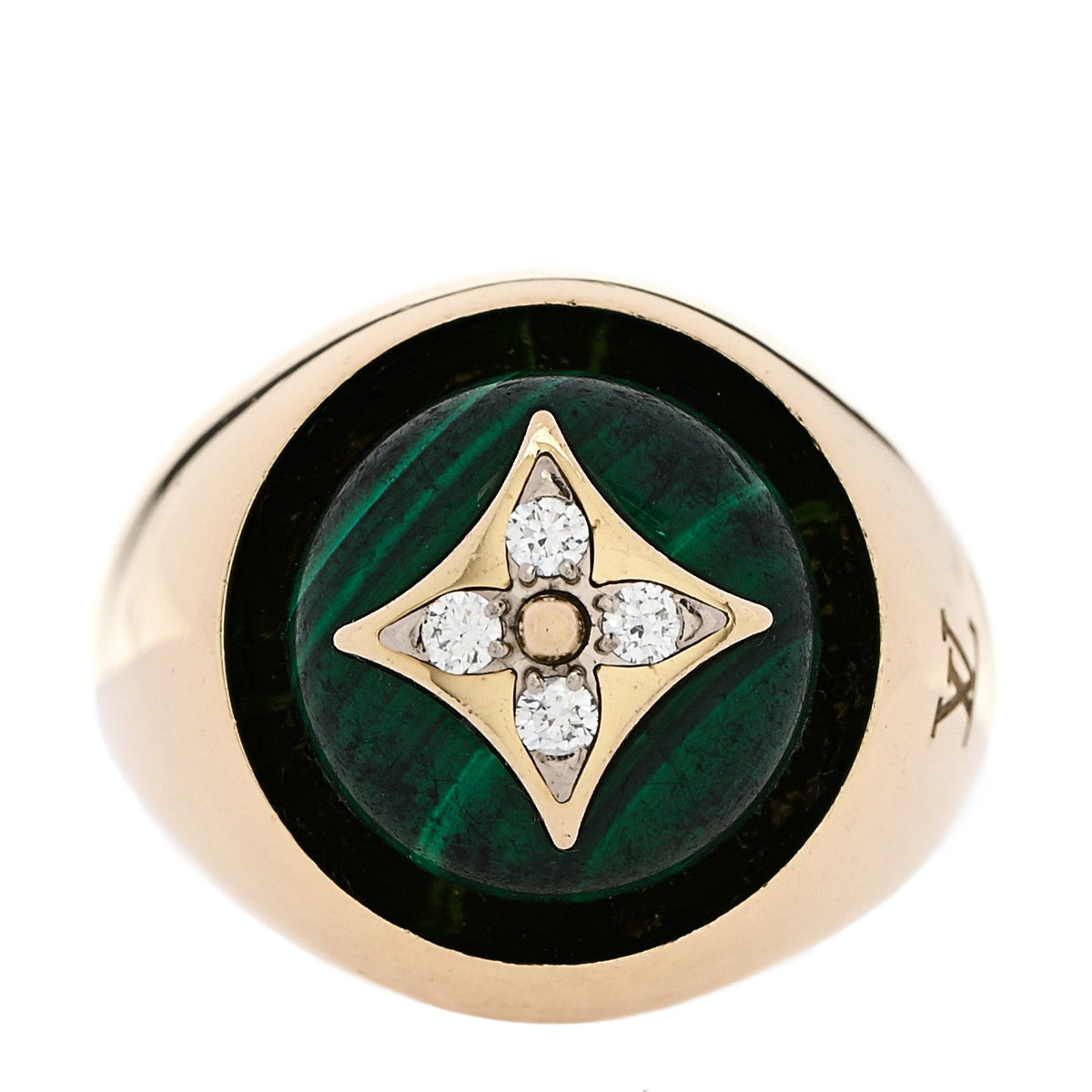 18K Yellow Gold Diamond Malachite Blossom Signet Ring 49 5
