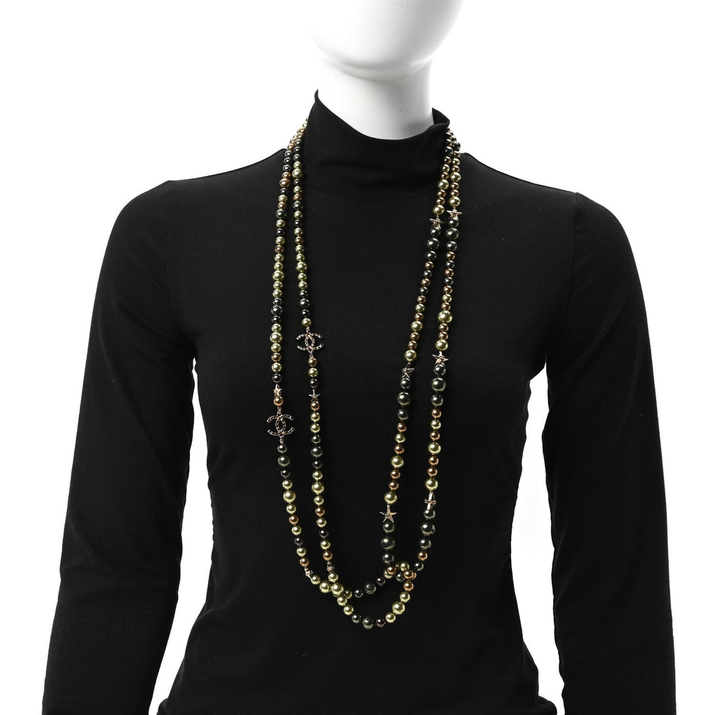 Pearl Star CC Multi Strand Long Necklace Green Gold