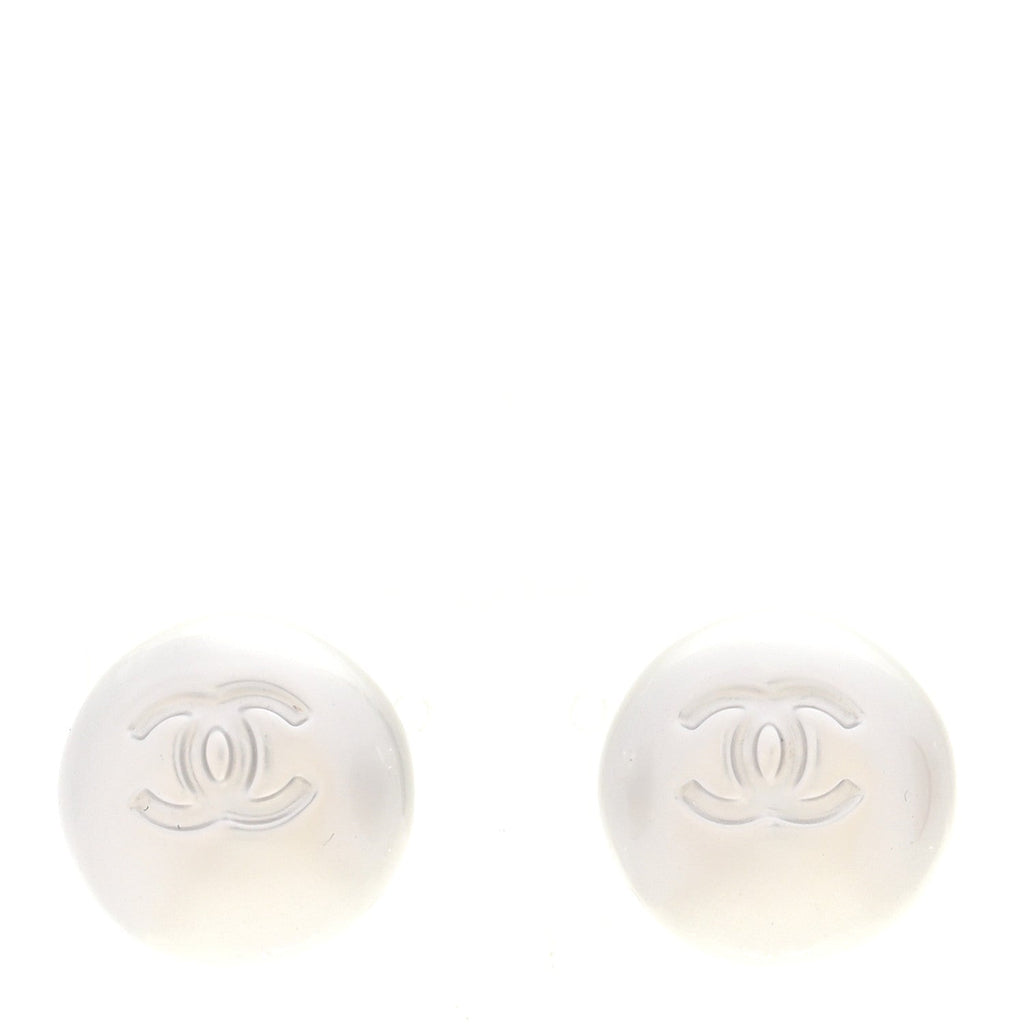 Resin Metal CC Stud Earrings Silver Pearly White