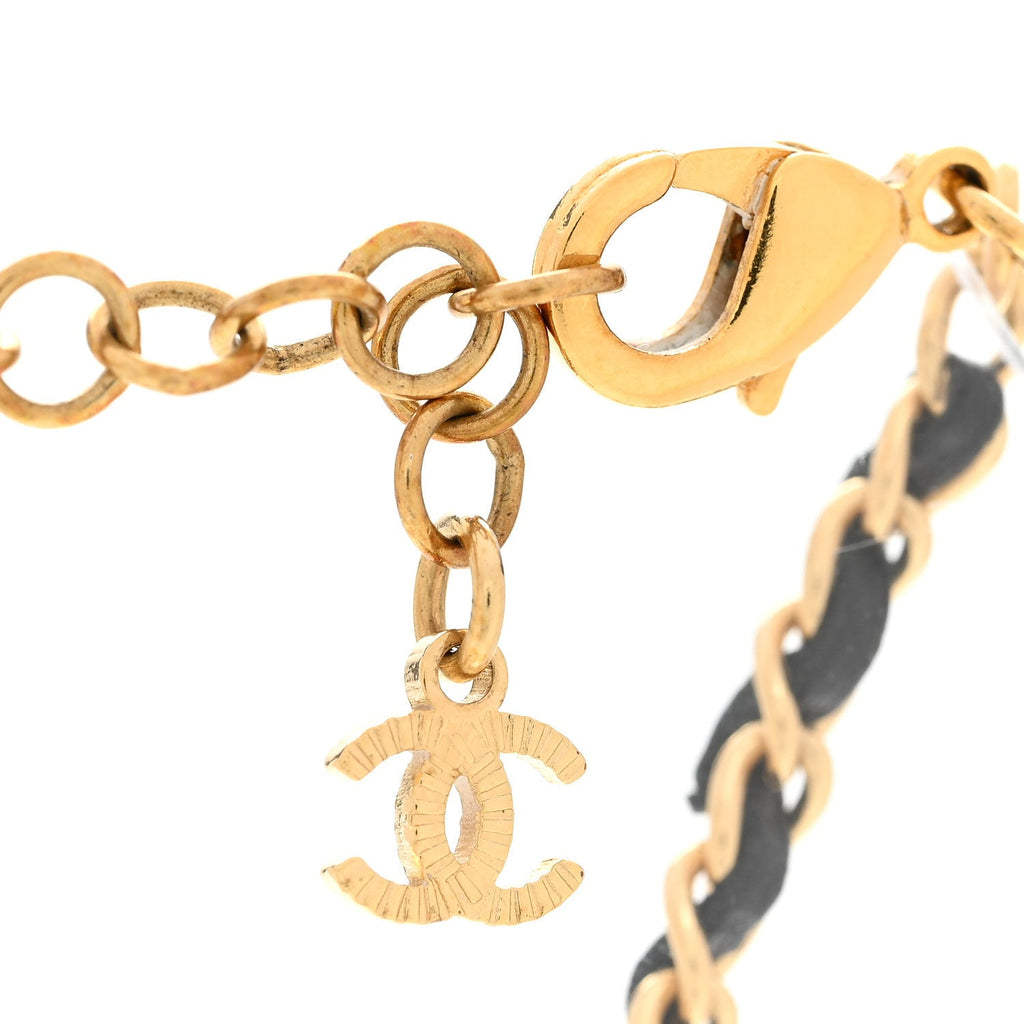 Metal Lambskin Chain CC Bow Necklace Black Gold