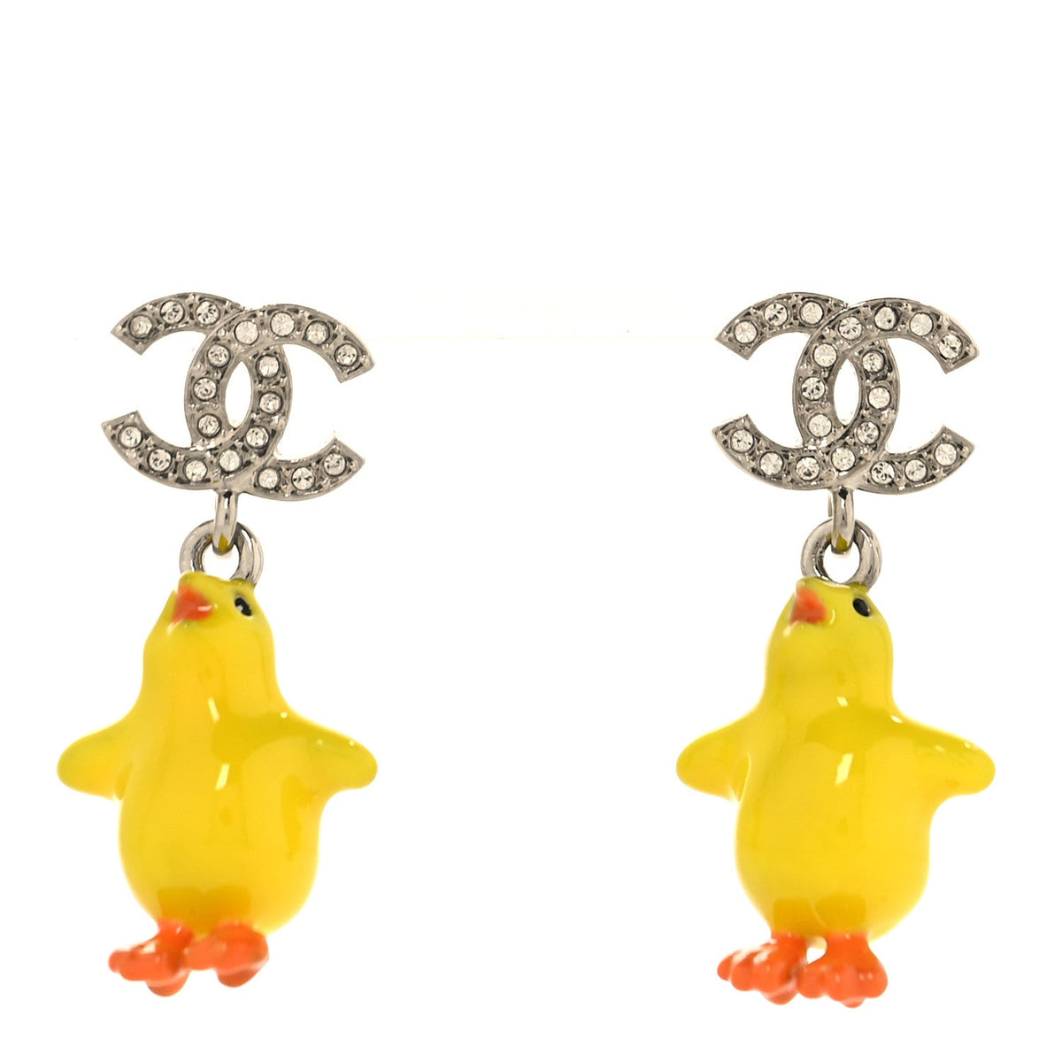 Metal Resin Strass Crystal CC Baby Chick Pendant Earrings Silver Yellow Orange