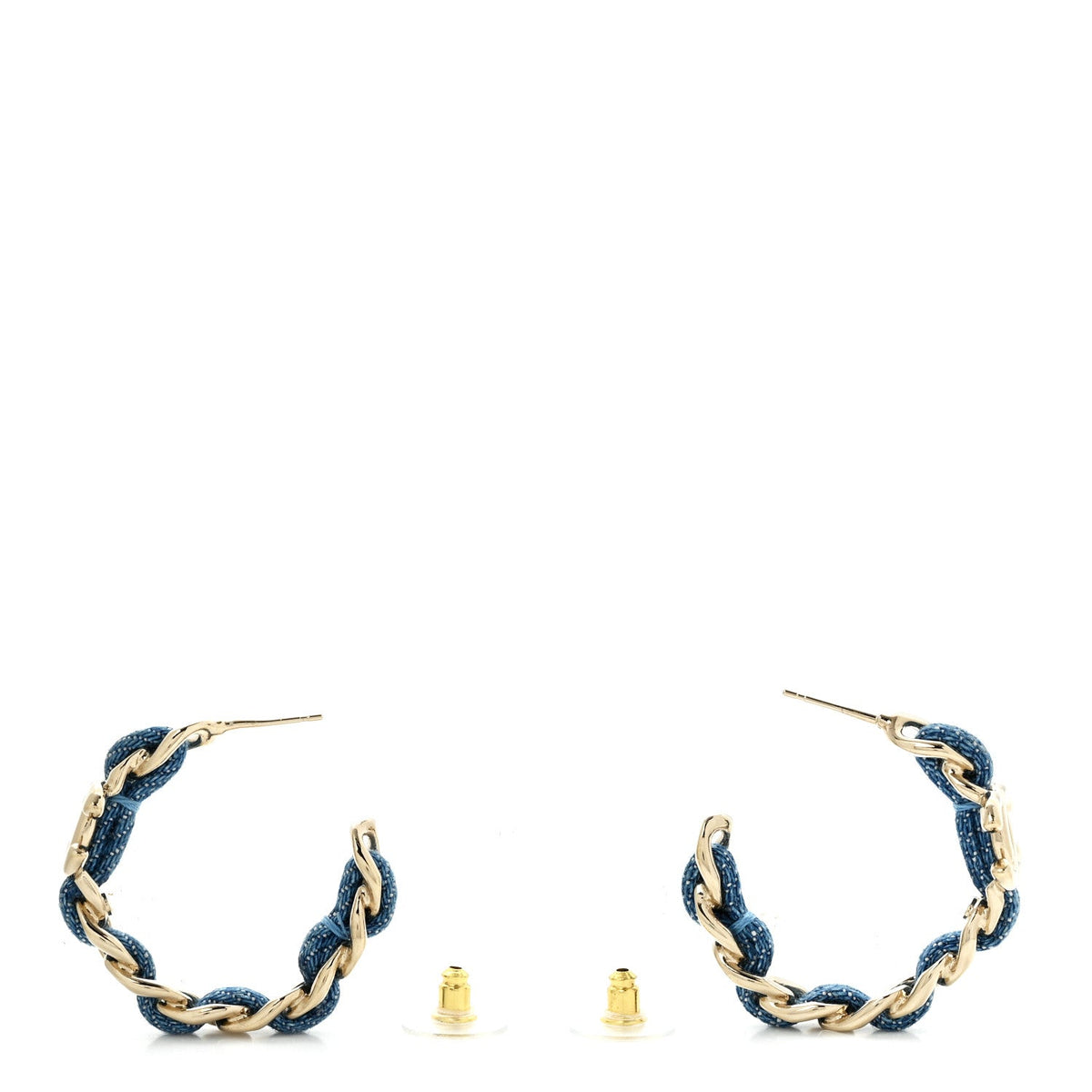 Metal Denim CC Chain Hoop Earrings Gold Blue