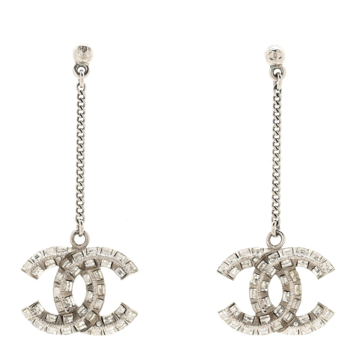 Baguette Crystal CC Drop Earrings Silver
