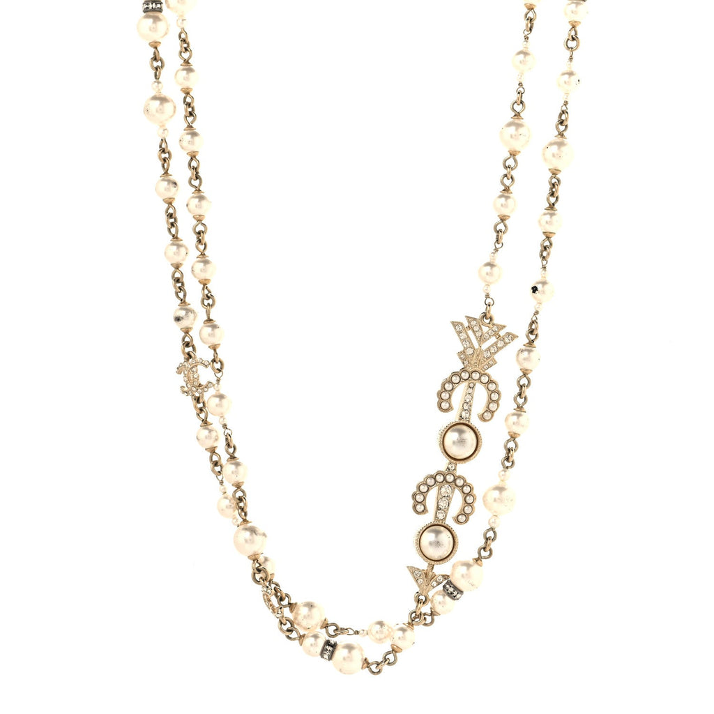 Pearl Crystal CC Coco Necklace Gold