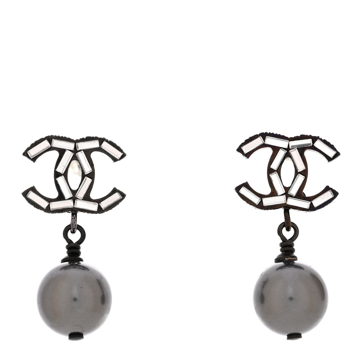Ruthenium Pearl Crystal Baguette CC Drop Earrings Silver Grey