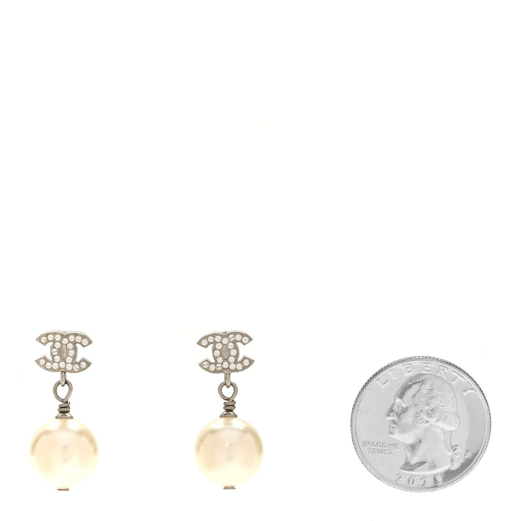Crystal Pearl CC Drop Earrings Silver
