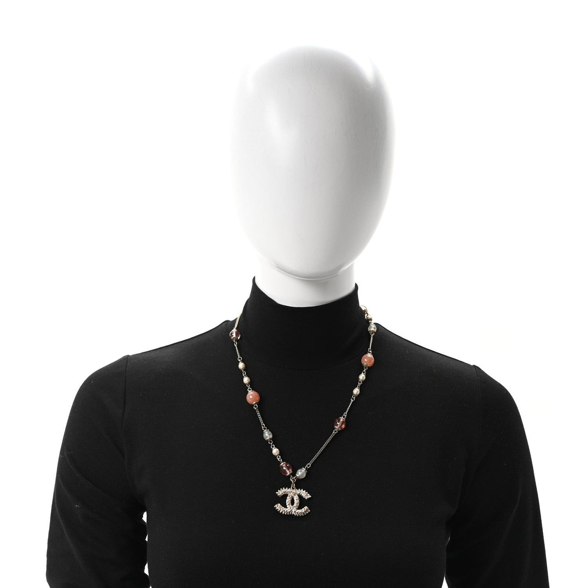 Beaded Pearl Crystal CC Long Necklace Gold Coral