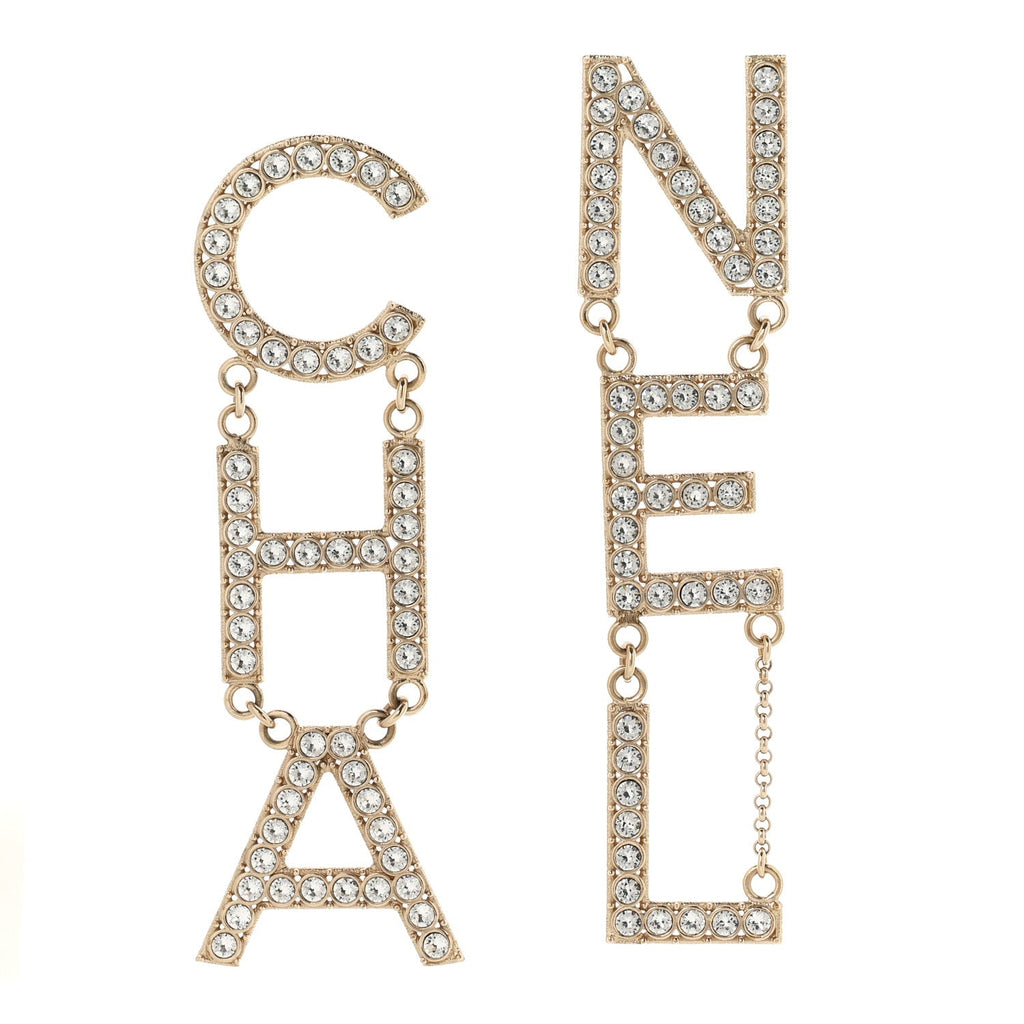 Crystal Cha-Nel Logo Drop Earrings Gold