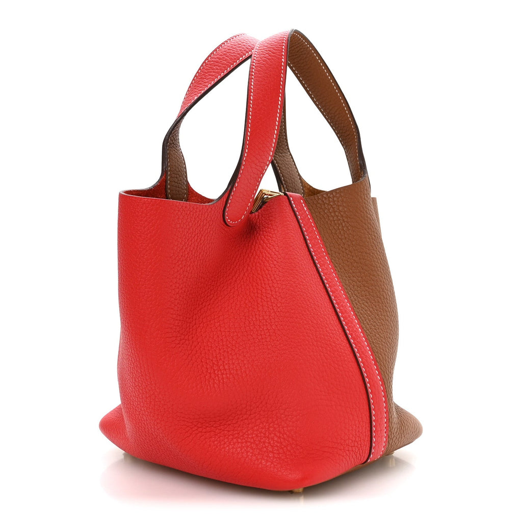 Taurillon Clemence Casaque Picotin Lock 18 PM Gold Rouge De Coeur