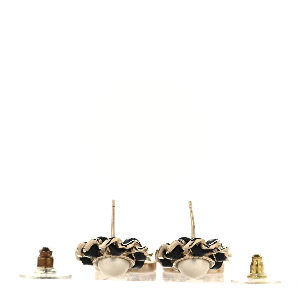 Pearl Lambskin Crystal CC Drop Earrings Gold White Black