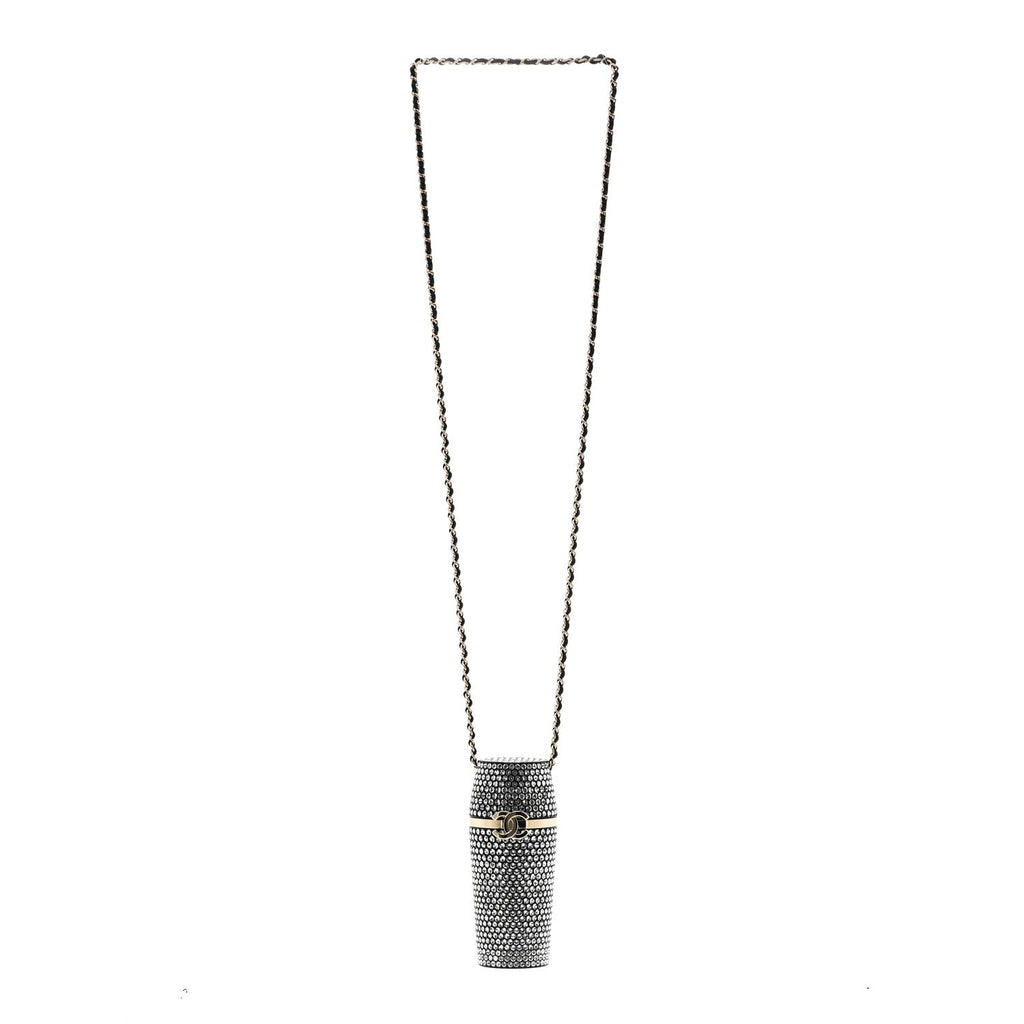 Metal Resin Lambskin Crystal Lipstick Case Long Necklace On Chain Silver Black Gold