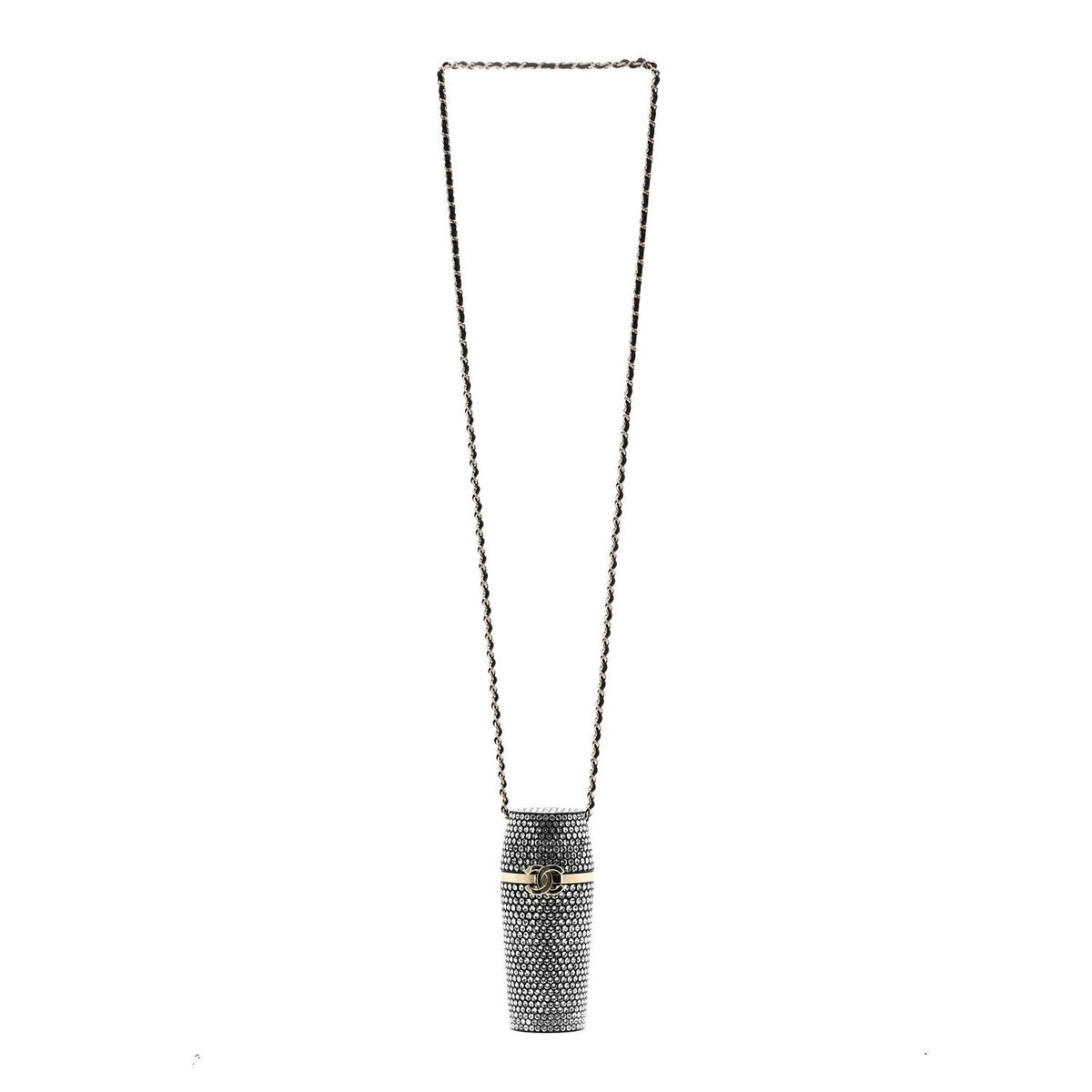 Metal Resin Lambskin Crystal Lipstick Case Long Necklace On Chain Silver Black Gold
