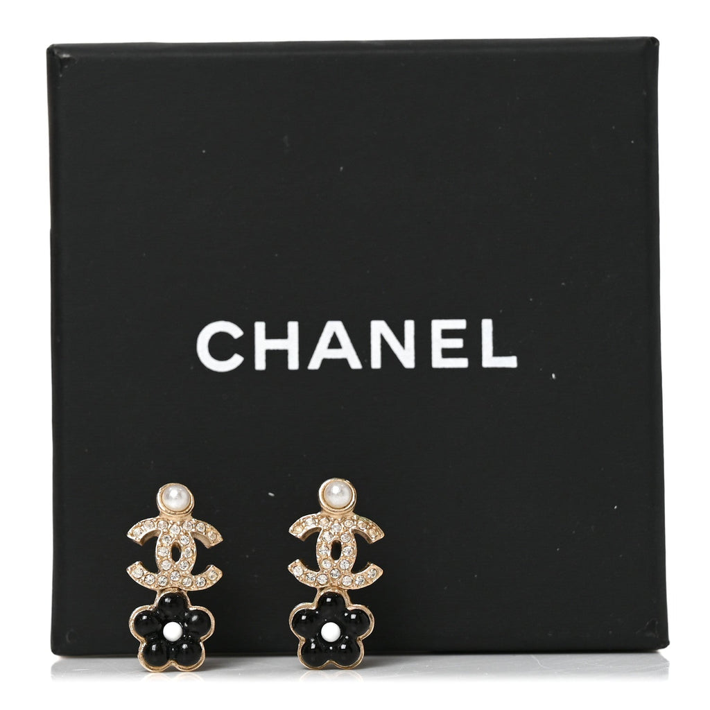 Crystal Pearl CC Flower Earrings Black Gold