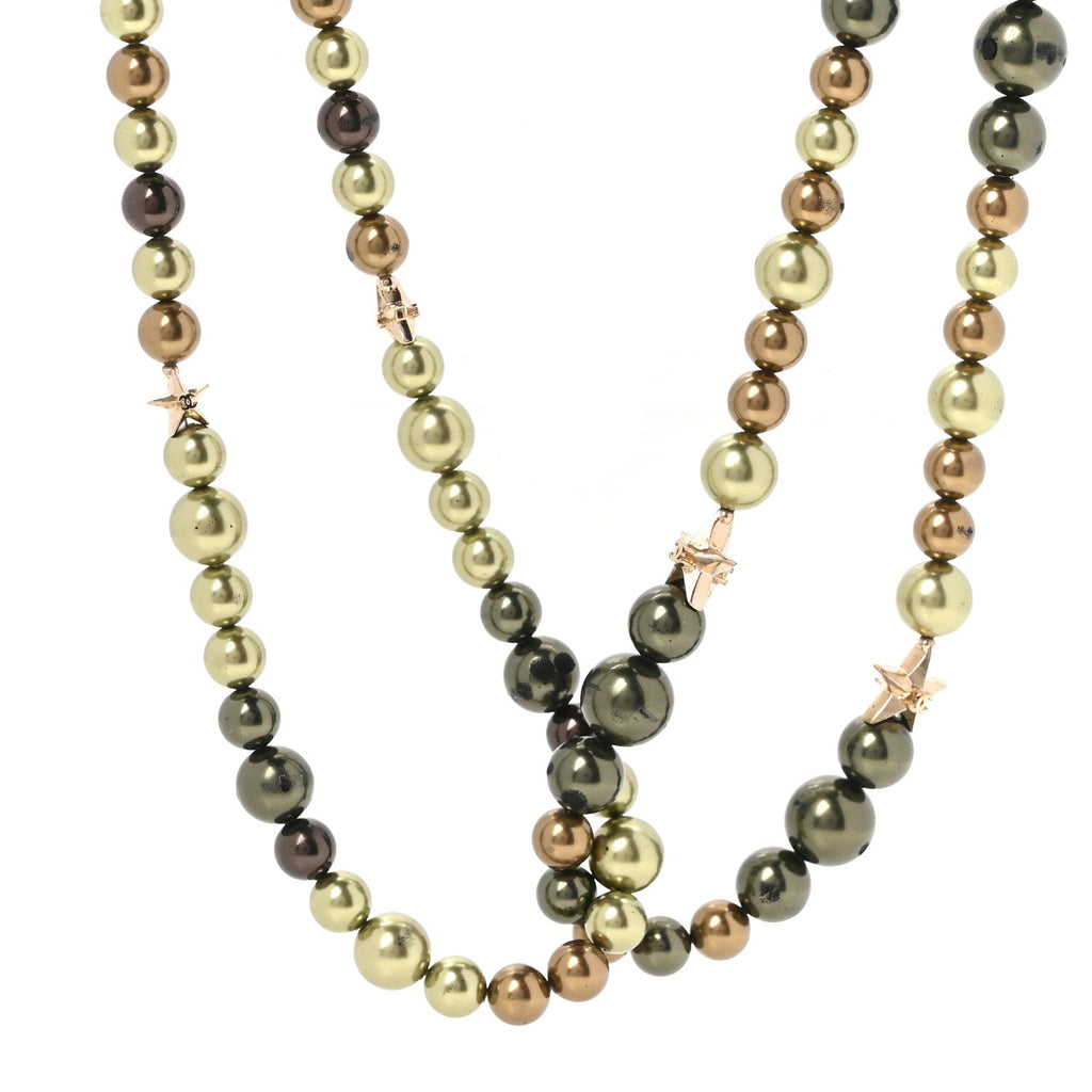 Pearl Star CC Multi Strand Long Necklace Green Gold