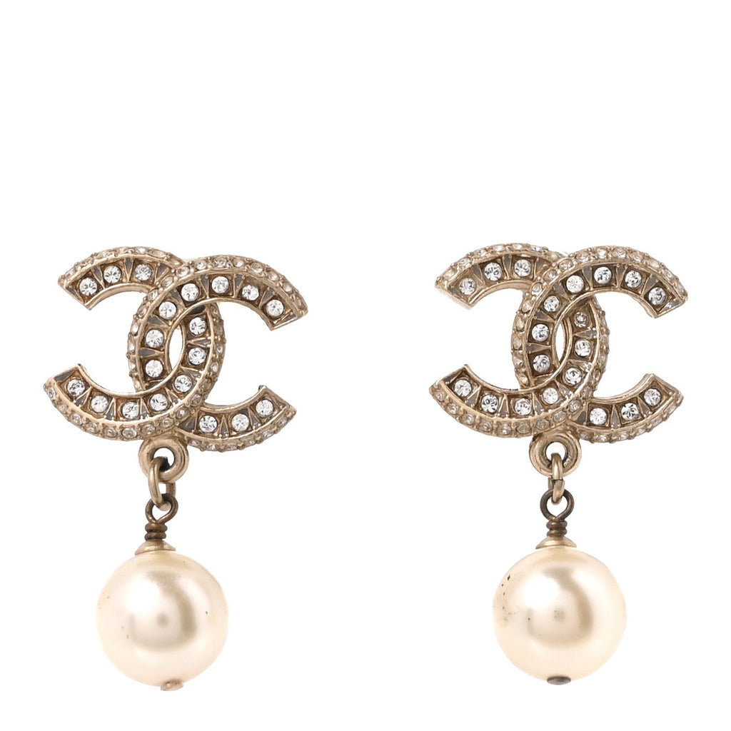 Crystal Pearl CC Drop Earrings Gold