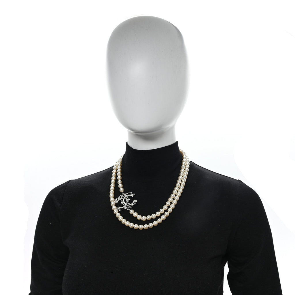 Pearl Bead Crystal CC Long Necklace White Silver Black