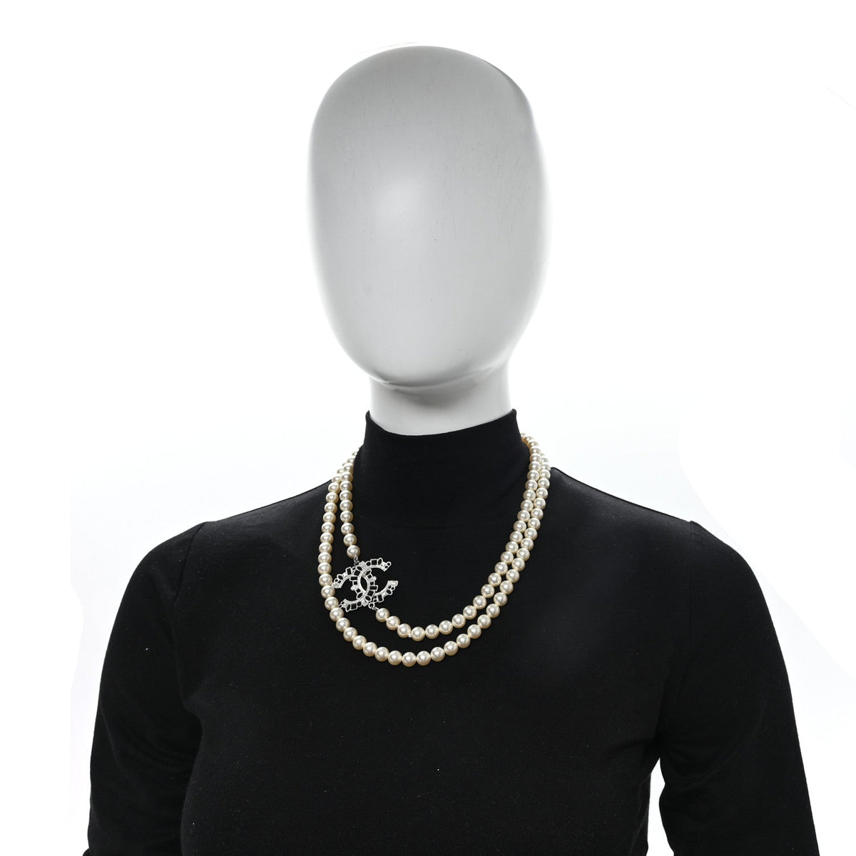 Pearl Bead Crystal CC Long Necklace White Silver Black