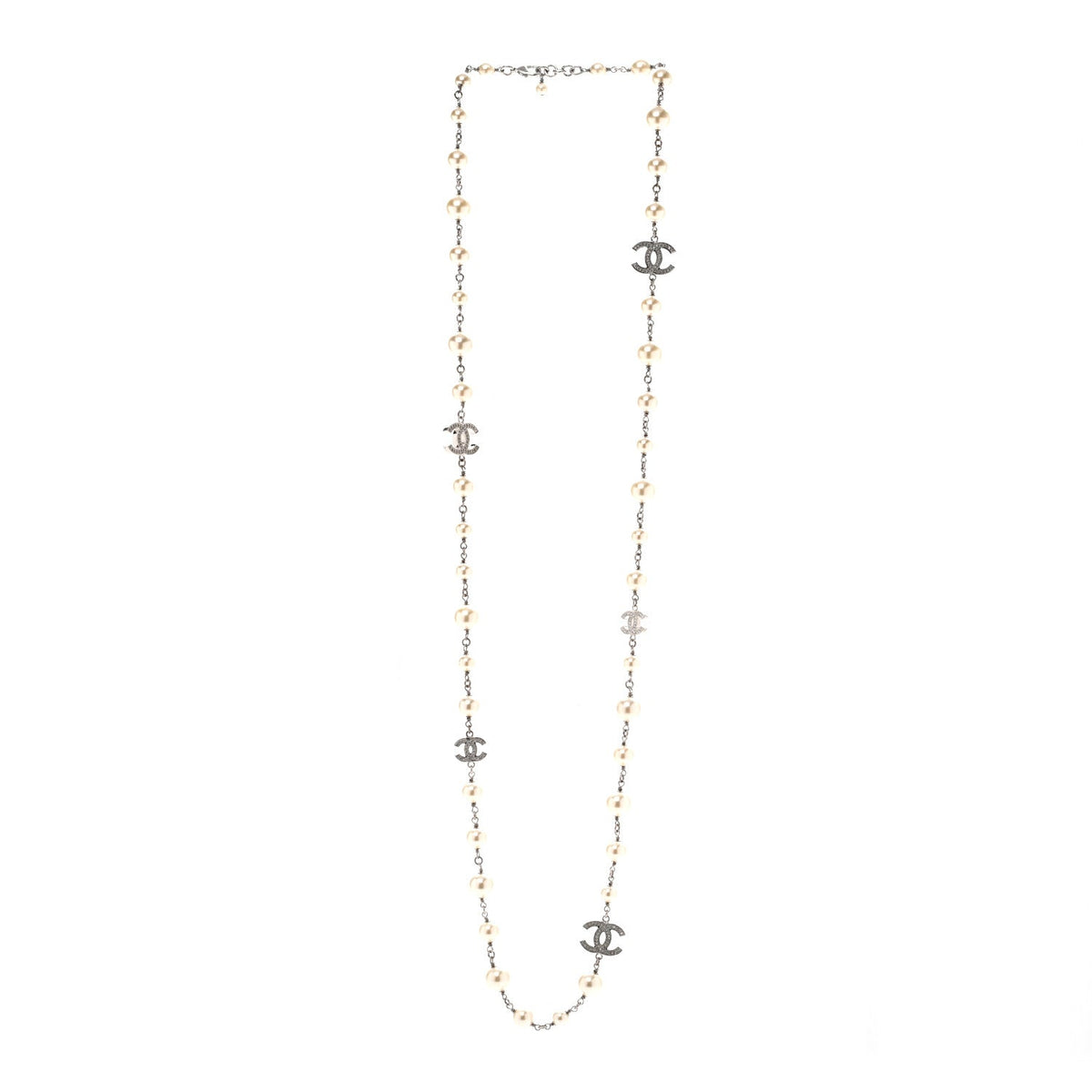 Graduated Pearl Crystal CC Long Necklace Silver