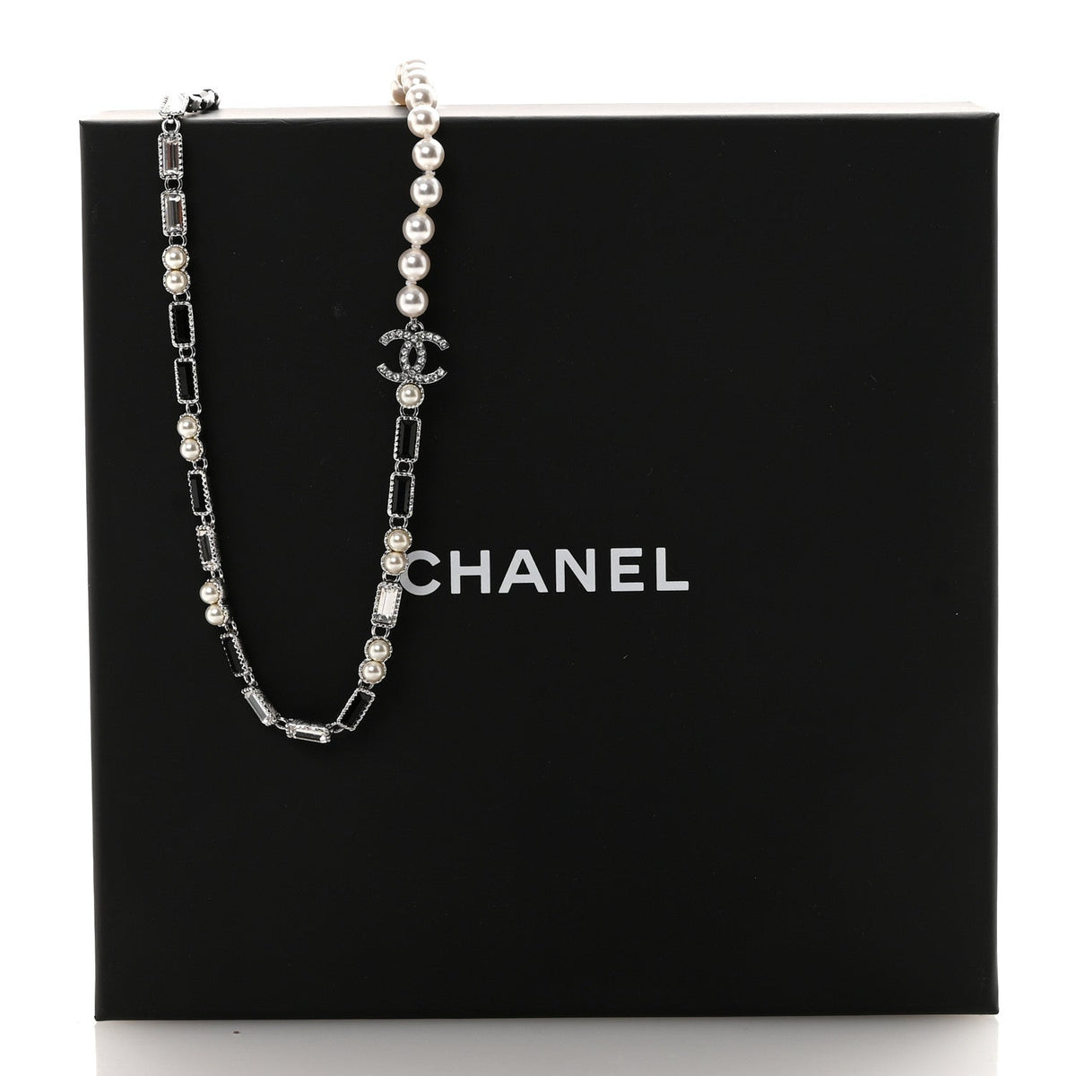 Pearl Baguette Crystal CC Choker Necklace Silver Black