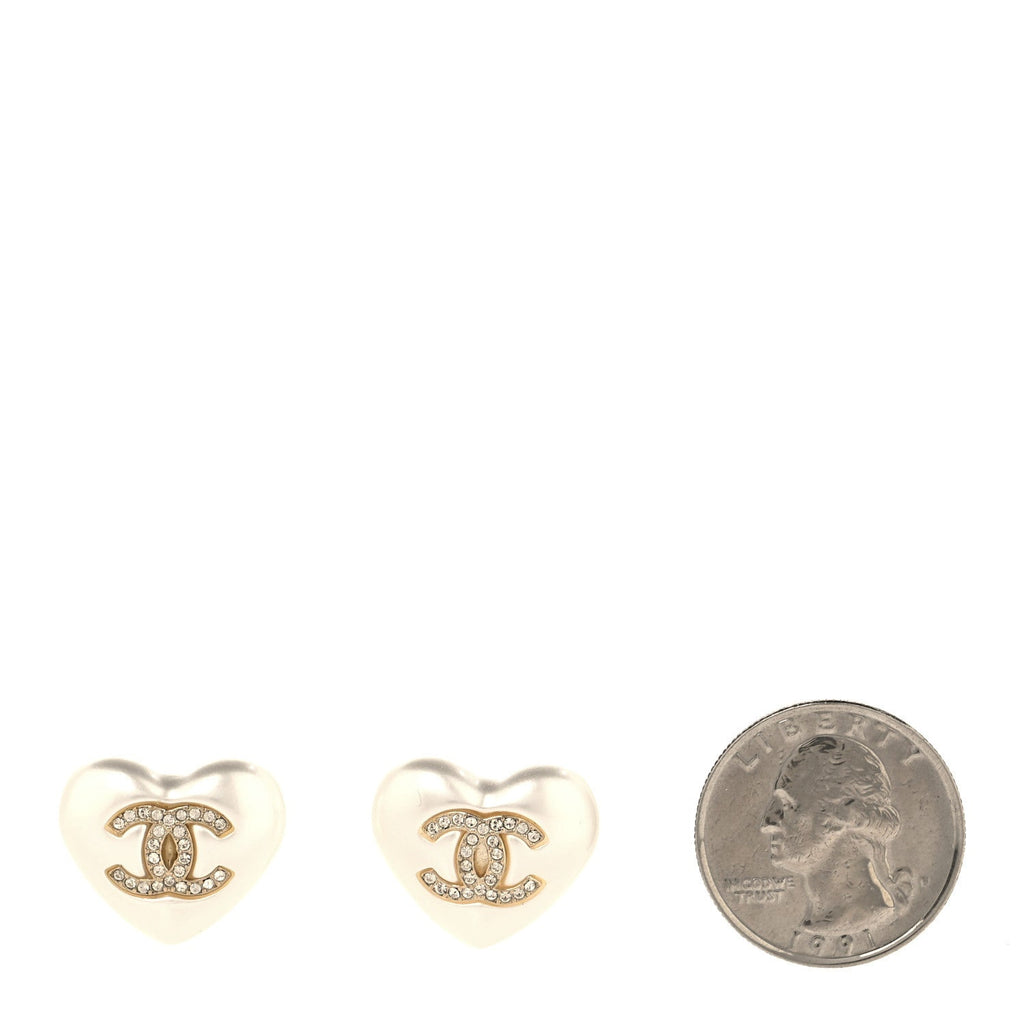 Pearl Crystal CC Heart Earrings Gold