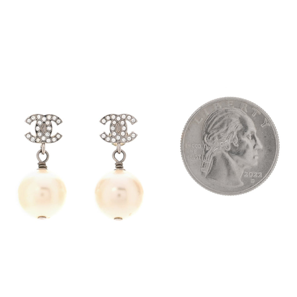 Crystal Pearl CC Drop Earrings Silver Pearly White
