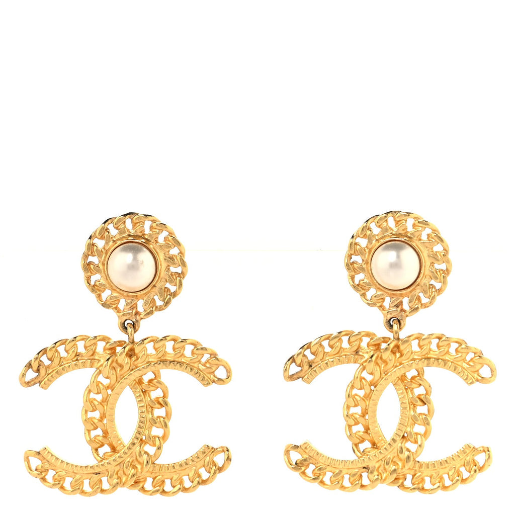 Metal Pearl CC Chain Drop Earrings Gold