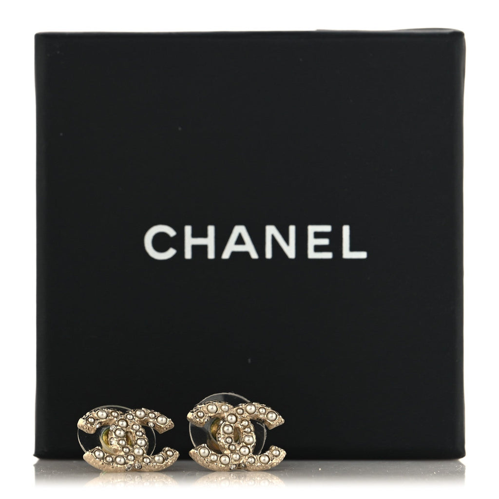 Metal Graduated Pearl Crystal CC Earrings Light Gold