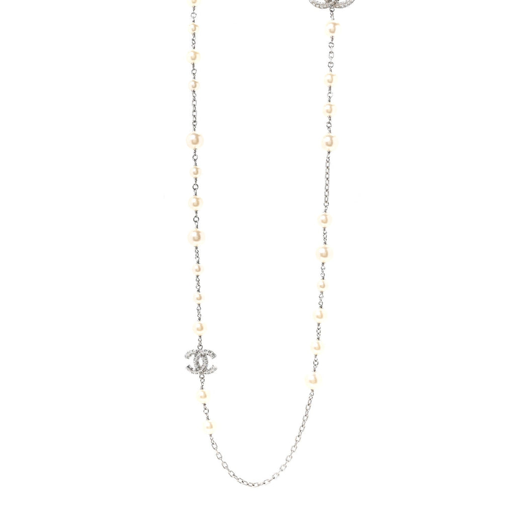 Graduated Pearl Crystal CC Long Necklace Silver