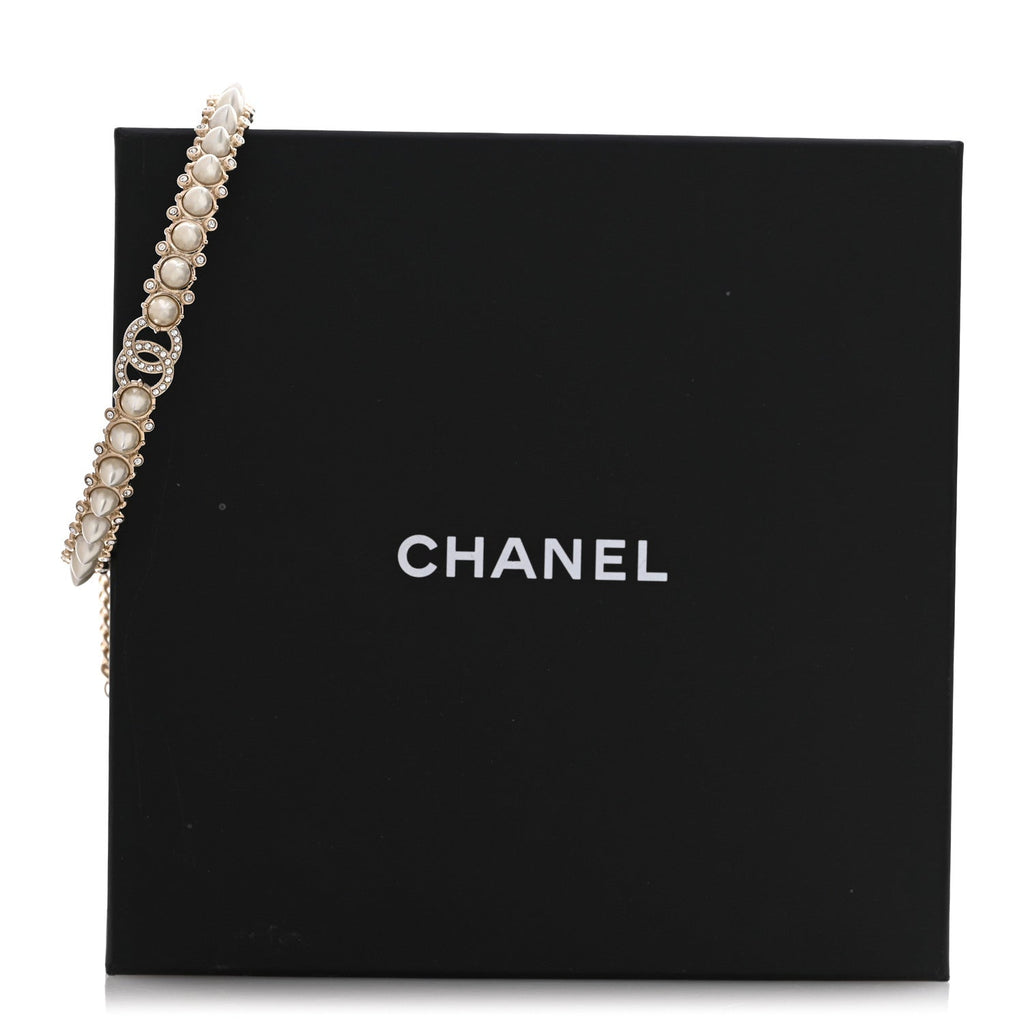 Strass Crystal Studded Pearl CC Choker Necklace Gold Pearly White