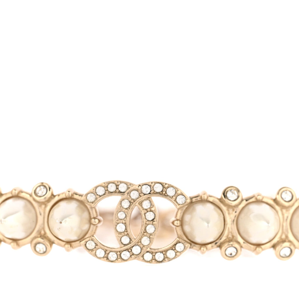 Strass Crystal Studded Pearl CC Choker Necklace Gold Pearly White