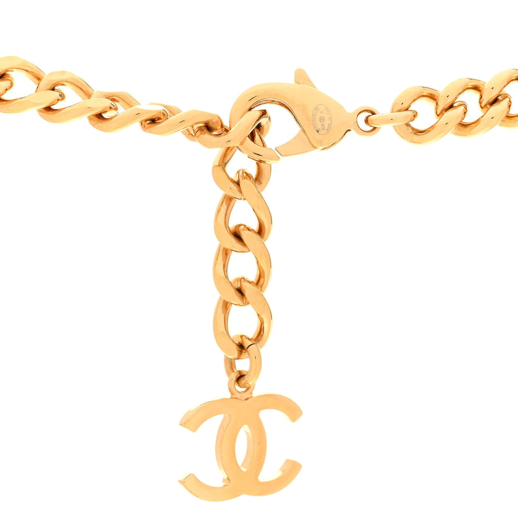 Metal Crystal Pearl Chain Link CC Necklace Gold
