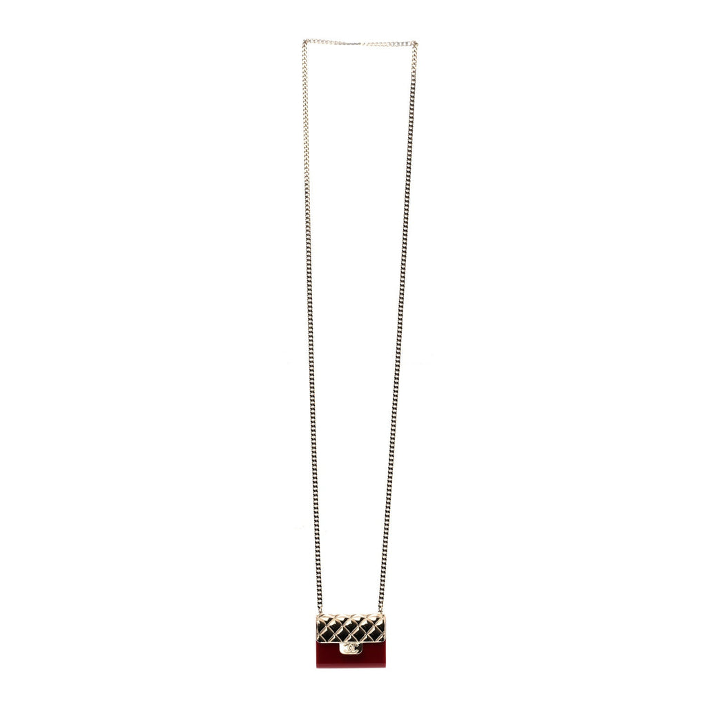Metal Resin Flap Bag Long Necklace Gold Red