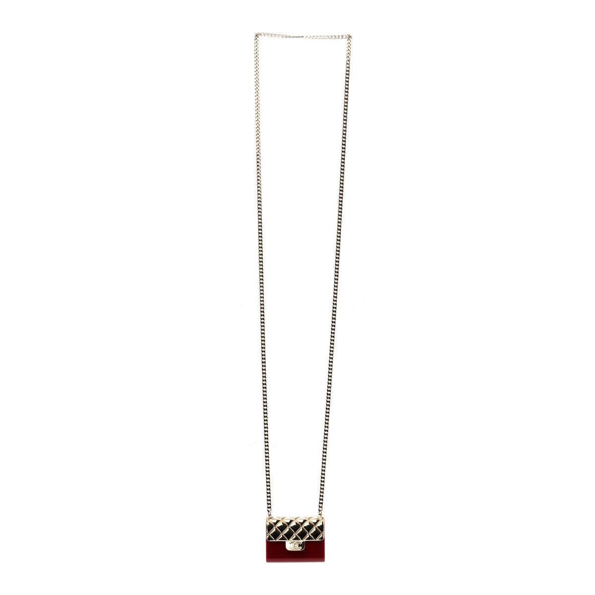 Metal Resin Flap Bag Long Necklace Gold Red