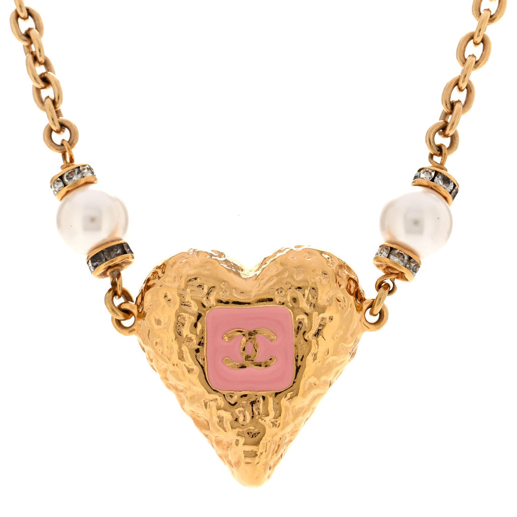 Resin Crystal Pearl Chain Heart CC Pendant Choker Necklace Pink White Gold