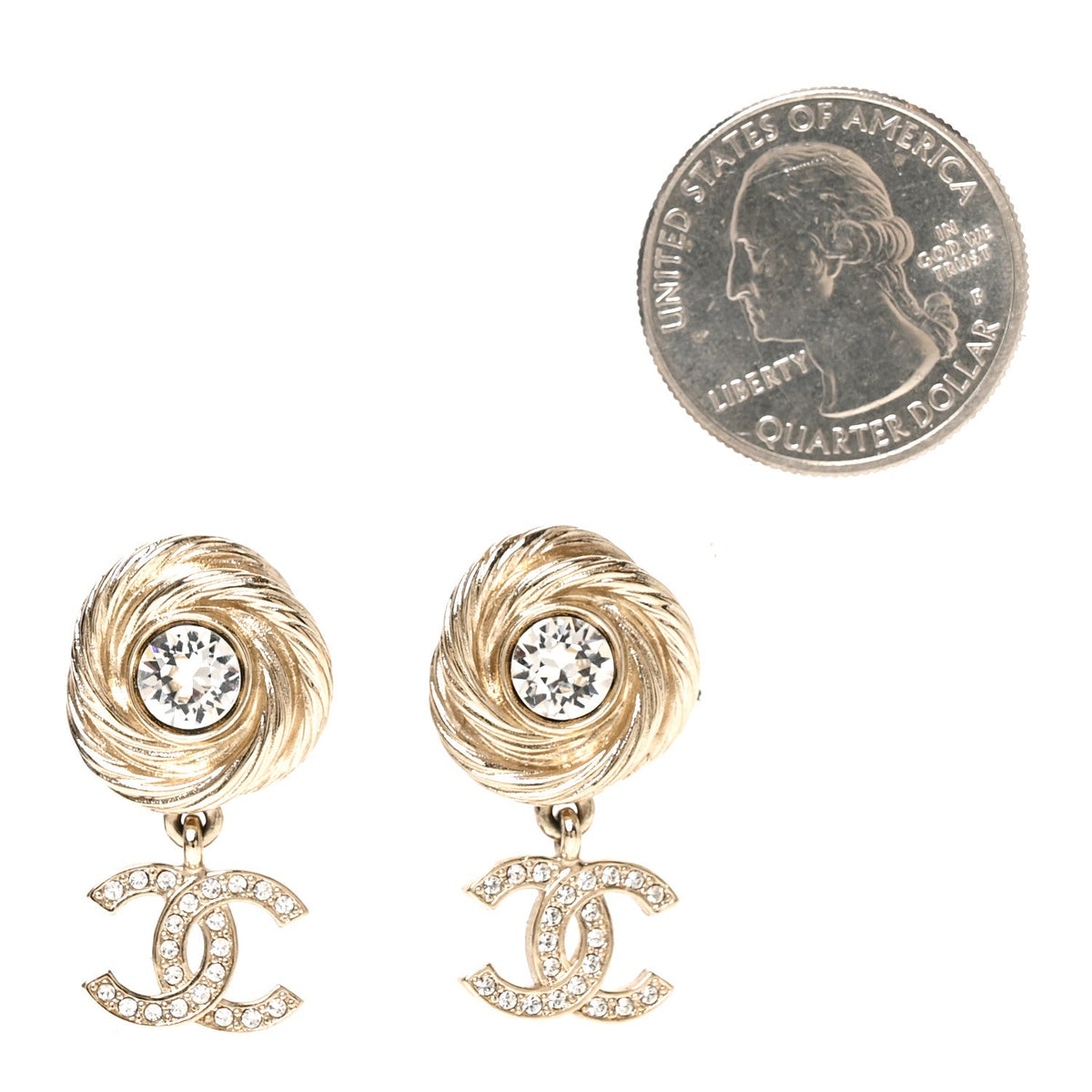 Metal Crystal CC Drop Earrings Gold