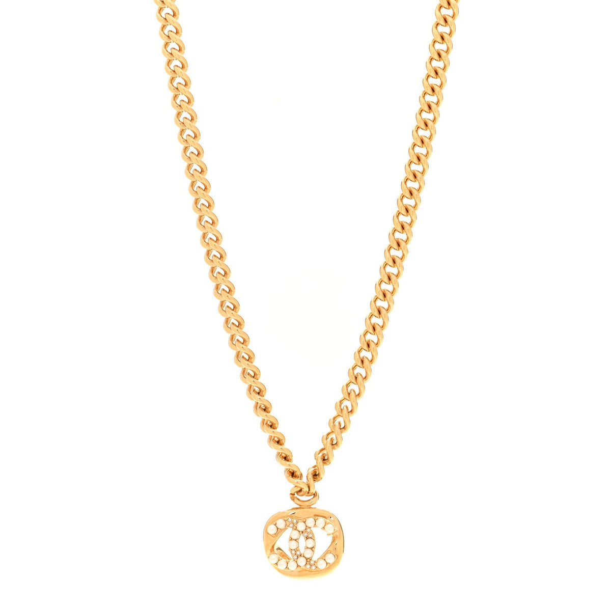 Metal Crystal Pearl Chain Link CC Necklace Gold