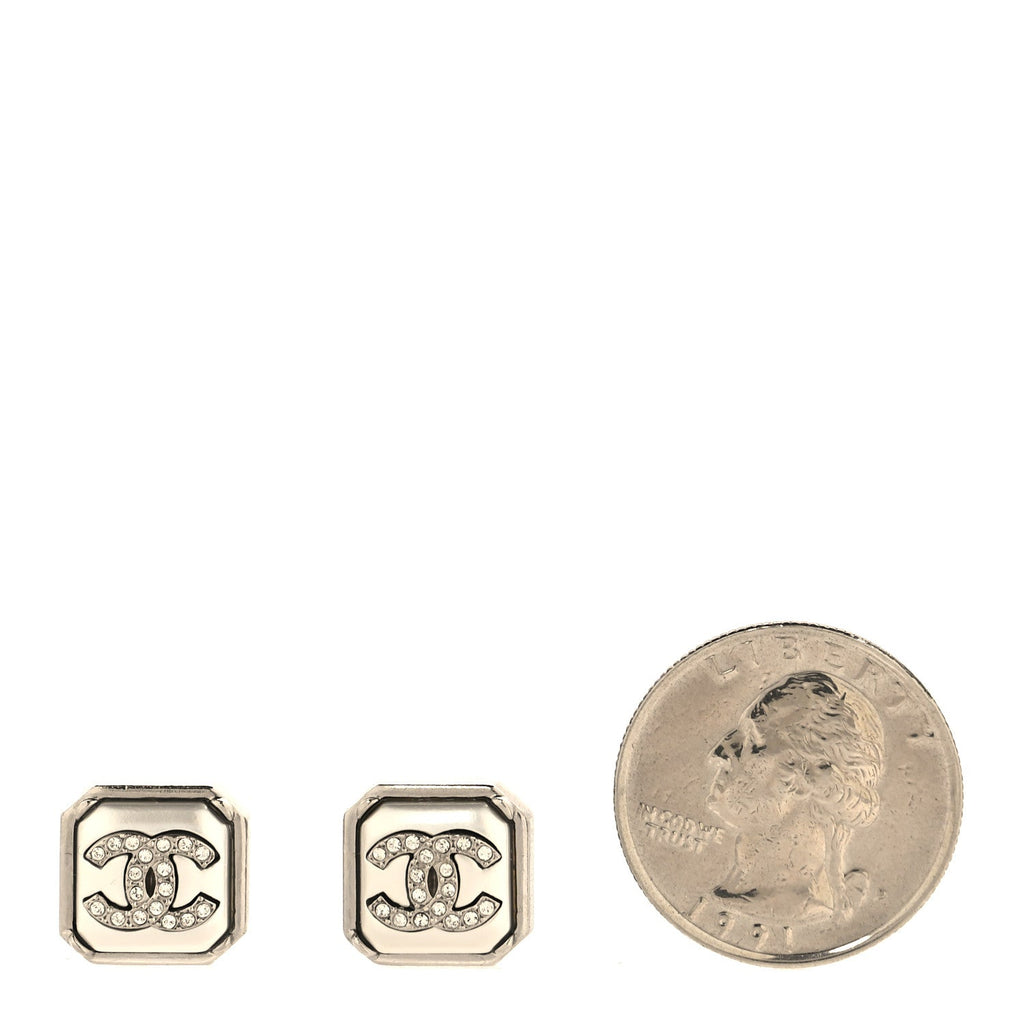 Pearl Crystal CC Square Earrings Silver
